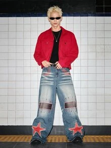 ROMWE MEN Men's Red Letter Print Streetwear Denim Jacket - Red - View 3