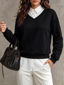 Breezaya Women's 2-In-1 Layered Sweatshirt, Collared Shirt Patchwork V-Neck Long Sleeve Loose Pullover Top - Black - View 5