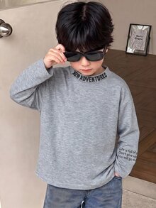 Kids YoungBoy 韓系休閒字母印花舒適針織面料長袖T恤，舒適時尚簡約實用百搭柔軟 - 灰色 - 查看 1