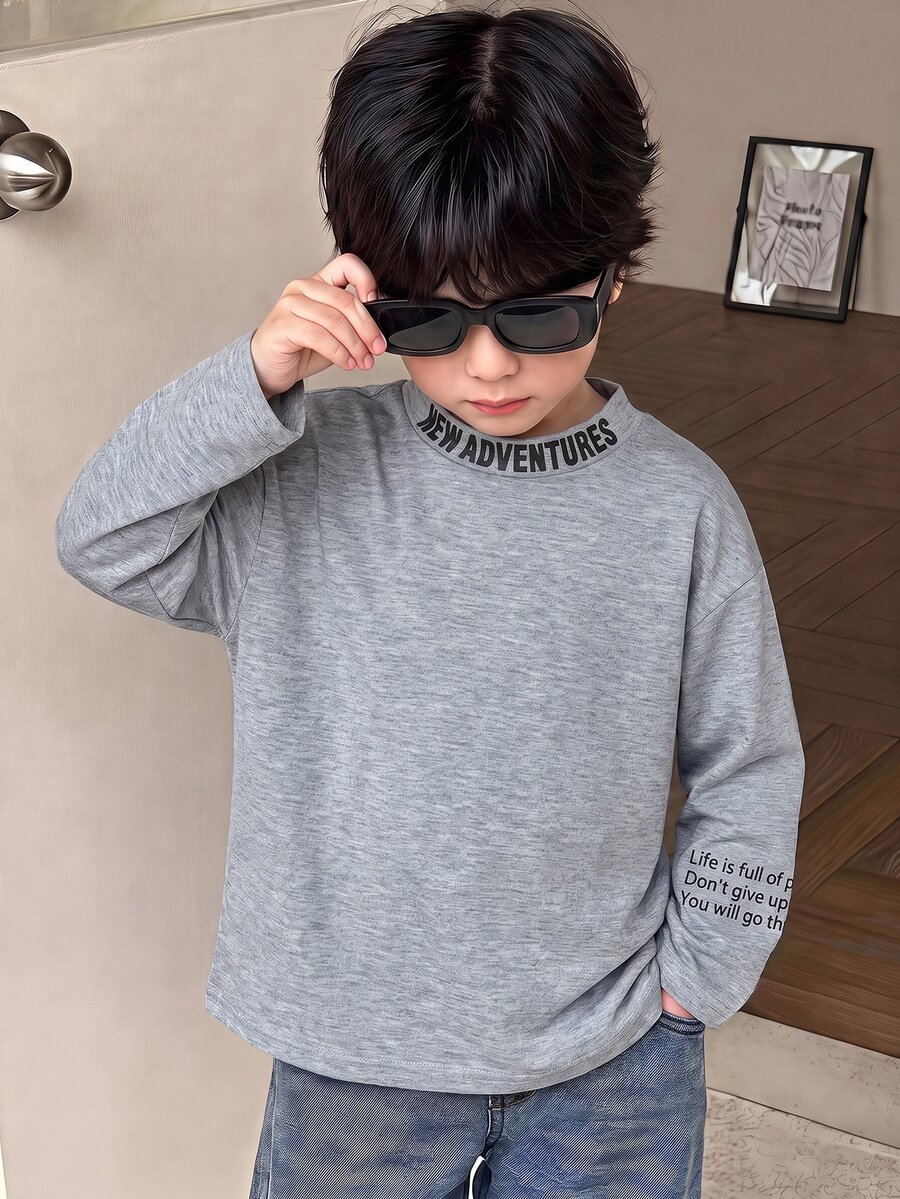 Kids YoungBoy 韓系休閒字母印花舒適針織面料長袖T恤,舒適時尚簡約實用百搭柔軟 - 灰色 - 查看 1