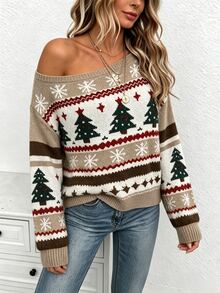 INAWLY Christmas Tree Snowflake Jacquard Asymmetrical Shoulder Short Sweater, Autumn/Winter Cold-Shoulder Long Sleeve Knit Top - Multicolor - View 4