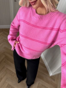 SHEIN Round Neck Bell And Long Sleeve Cozy Regular Fit Pink Color And Stripe Detail Casual Style - Pink - View 5