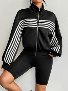 Dewbera Dewbera Women's American Retro Colorblock White Striped Stand Collar Zip-Up Sports Jacket, Loose Casual Open Front Sweatshirt - Black - View 3