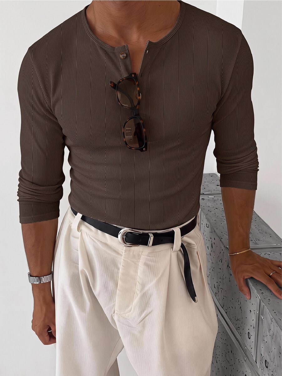 SWAVVY Men's Solid Color Button Half-Placket Slim Fit Long Sleeve T-Shirt - Coffee Brown - View 1