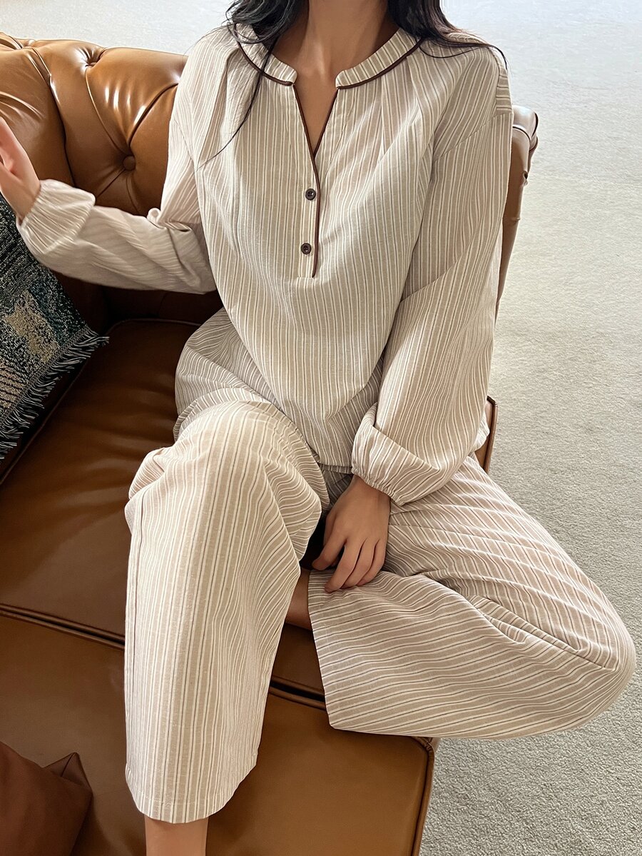 DAZY Women's Striped Colorblock Long Sleeve Top And Pants Casual Daily Home Sleepwear Set - Apricot - View 1