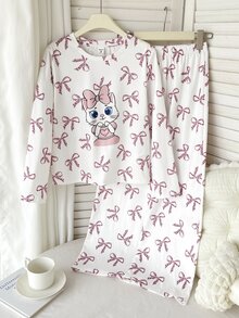 SHEIN Tween女孩2件式卡通印花粉色圓領套頭上衣與寬鬆長褲針織面料柔軟舒適休閒睡衣套裝，新設計 - 杏色 - 查看 13