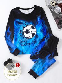 Boys' Autumn/Winter High Elasticity Snug Fit Colorful Football Print Long Sleeve Pajama Set, Cool Glow-In-The-Dark Design, Suitable For Outdoor Wear - Blue - View 4