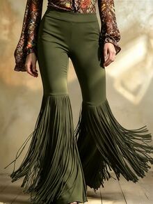 Ceyna Women's Plus-Size Black Casual Flare Pants With Tassel Detail – Suitable For Summer And Autumn Fall - Army Green - View 1