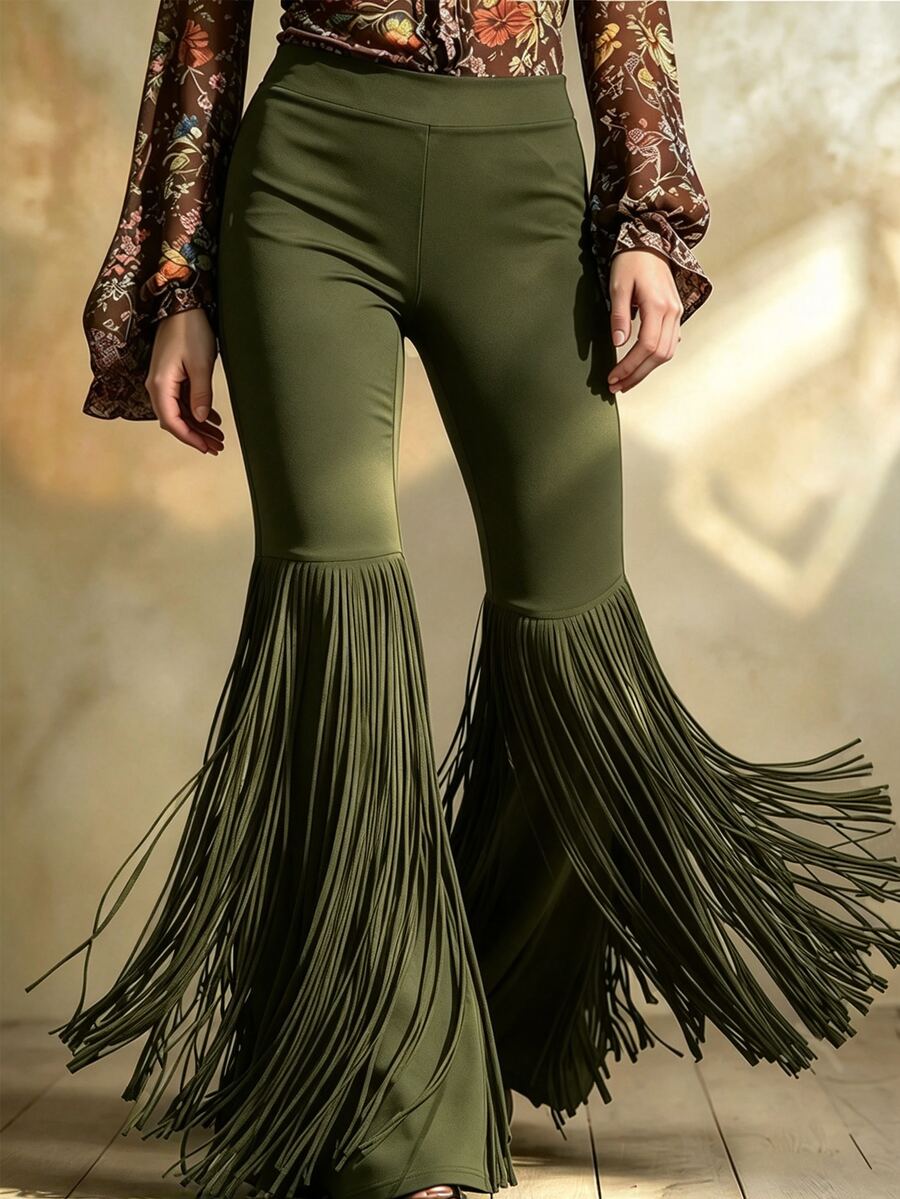 Ceyna Women's Plus-Size Black Casual Flare Pants With Tassel Detail – Suitable For Summer And Autumn Fall - Army Green - View 1