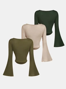 SHEIN MOD 3件組女款抓皺休閒方領長袖棕色T恤套裝，保暖衣物，秋季，外出上衣，假期，新年 - 墨綠色 - 查看 2