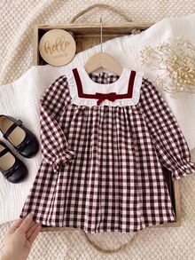 SHEIN Baby Girl Bow Decor Plaid Long Sleeve Cute Dress - Red - View 10