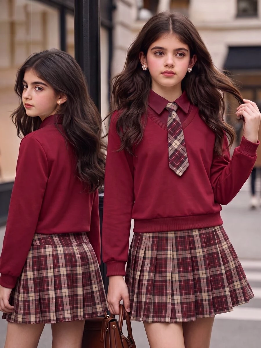 SHEIN Tween Girls Varsity Plaid Pleated Skirt Preppy 2 In 1 Sweatshirt With Tie Autumn Winter Set - Burgundy - View 1