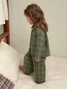 Dazy Kids 嬰兒女童格紋領長袖上衣與長褲2件套休閒居家服 秋季 - 綠色 - 查看 7