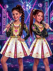 SHEIN 少女韓系K-Pop圓領長袖洋裝，適合假期表演與嘉年華 - 黑色 - 查看 1