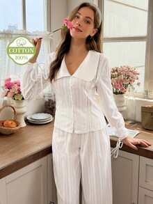 Snug Reverie طقم بيجامة خريفية بأسلوب لطيف من القطن الخالص بنسيج جاكار، بياقة طراز الفتيات وأكمام طويلة وبنطال فضفاض واسع الساق للمنزل - أبيض - مشاهدة 1