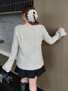 Bijouette Plus Size Sexy Style Ribbed Knit Sweater, Round Neck With Ruffle Trim And Hollow Tie Design On Chest, - Light Grey - View 2