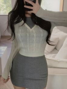 DAZY Women's Patchwork Contrast Color Fitted Short Casual Vacation Korean Style Spring Autumn Knit Sweater - White - View 8
