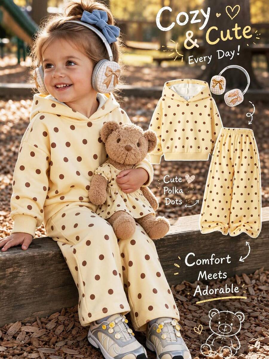 Baby Girl Polka Dot Print Hoodie And Loose Pants Set For Sports And School - Multicolor - View 1