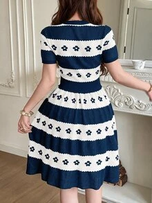 Feyla Women's Jacquard Colorblock Short Sleeve Waist-Cinching Knit Dress - Navy Blue - View 2