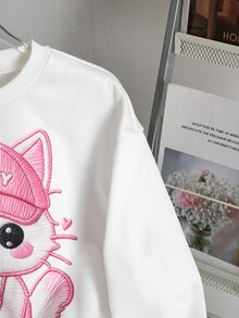 SHEIN 青少年女孩可愛粉色貓咪仿刺繡印花長袖衛衣，秋冬休閒白色套頭上衣 - 白色 - 查看 5