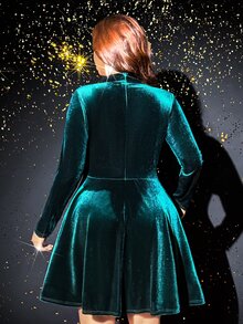 Viva Relle Plus Size Women's Dark Green Velvet Bow Collar Hollow Out Long Sleeve Beaded Rhinestone Embellished Cinched Waist A-Line Puff Cocktail Dress - Dark Green - View 3