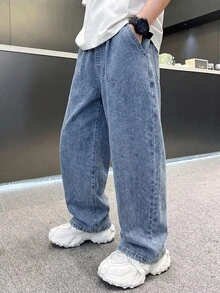 Boys' Designer Silhouette Blue Denim Loose Fit Long Pants - Blue - View 2