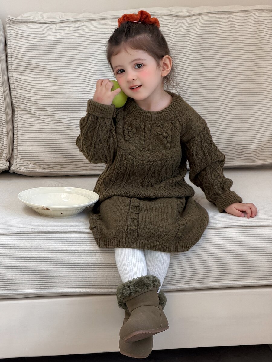 Dazy Kids Infant/Toddler (Girl) Round Neck Long Sleeve Autumn/Winter 3D Korean Style Sweater & Skirt Set, Versatile Outfit - Dark Green - View 1