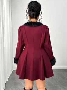 Elenzga Plus Size Women's Fuzzy Patchwork Casual Versatile Overcoat - Burgundy - View 2