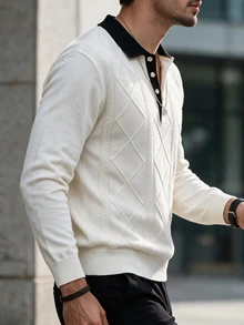 Manfinity Homme 男士半開襟鈕扣羅紋長袖百搭針織衫 - 白色 - 查看 5