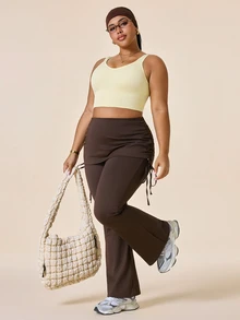 SHEIN Rhythm Era بنطلون ليقنز مقاس كبير باللون البني الداكن مع حافة سفلية واسعة، تصميم تنحيف الساق ورفع المؤخرة، حزام خصر مزدوج، طيات جانبية وحبل شد، بنطلون ليقنز عصري - بني - مشاهدة 7