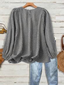 SHEIN CURVE+ Plus Size Textured Plaid Pleated Versatile Shirt - Black and White - View 2