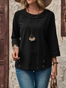 EMERY ROSE Áo sơ mi nữ tay dài vải linen màu trơn đơn giản phong cách thường ngày, áo kiểu tay dài - màu đen - Xem 9