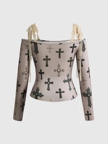 ROMWE Grunge Punk Women's Fitted Elastic Knit Lace Tie-Up T-Shirt With All-Over Cross Print - Khaki - View 2