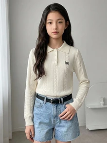 Dazy Kids Polo Collar Fitted Long Sleeve Basic Top, Autumn/Winter Girls (Large) Knit Top - Beige - View 8