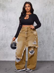 Slaydiva Celana Jeans Denim Sobek dengan Kancing Ganda di Pinggang, Desain Ukuran Besar - Khaki - View 6