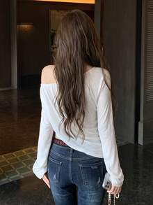 DAZY Minimalist Sexy Hot Girl Style Asymmetrical Shoulder Mesh Patchwork Long Sleeve T-Shirt, Slim Fit Flattering Design Top For Early Autumn, Versatile And Elegant - Beige - View 2