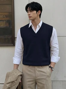 DAZY Men's Solid Color V-Neck Casual Versatile Knit Vest Fall - Navy Blue - View 4