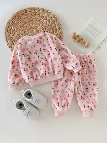 Cozy Pixies 新生女嬰寬鬆休閒極簡舒適圓領套頭花卉圖案毛絨套裝 - 彩色 - 查看 2