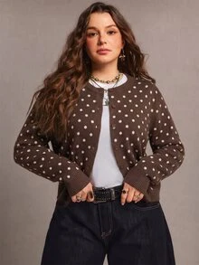 Freevana 大尺碼女款灰色提花單排扣針織開襟衫 正式畢業度假辦公晨間秋季休閒 1920年代復古 90年代冬季 - 咖啡棕 - 查看 4