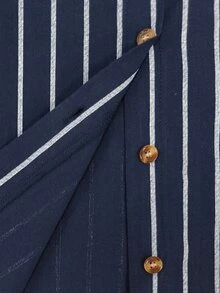 Ceyna Plus Size Pure Cotton Shirt, Navy Blue With White Stripes, Button-Down, Long Sleeve, Versatile Innerwear/Outerwear, Casual Commute Top - Navy Blue - View 7