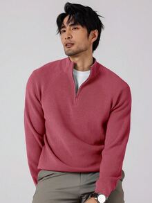 Marcello Vane 休閒時尚百搭純色寬鬆長袖男士毛衣 男士四分之一拉鍊毛衣 男士立領毛衣 男士棕色毛衣，秋冬款 - 中紫紅色 - 查看 1
