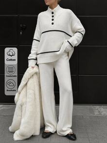 SHEIN Contrast Stripe Henley Neck Knit Lounge Set - White - View 1