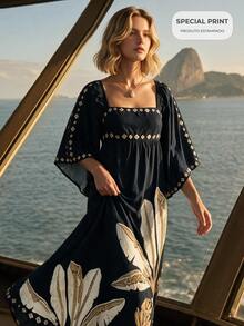 CAJUNI Chic Vacation Golden Palm Embroidery Long Dress With Bat Sleeves - Black - View 1