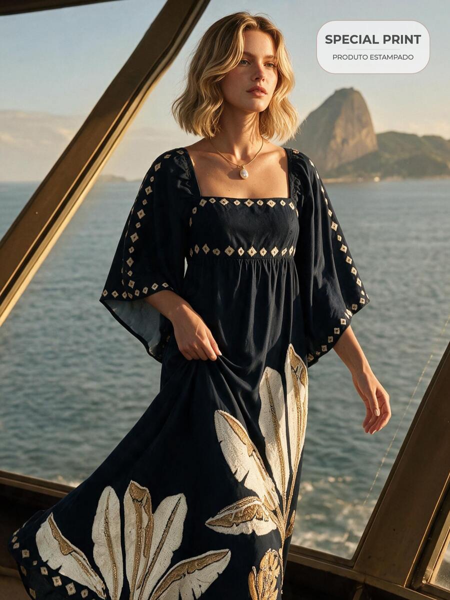CAJUNI Chic Vacation Golden Palm Embroidery Long Dress With Bat Sleeves - Black - View 1