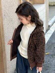 Dazy Kids (少女款) 豹紋連帽長袖秋冬休閒運動衫 - 棕色 - 查看 5