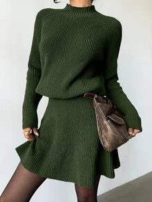 Elenzga 女款寬鬆休閒圓領紋理上衣與百褶裙兩件套 - 軍綠色 - 查看 4