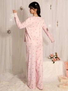 DelicateAllure Women's Cherry Print Camisole Top And Tie-Waist Long Pants With Long Sleeve Cardigan Pajama Set - Baby Pink - View 3