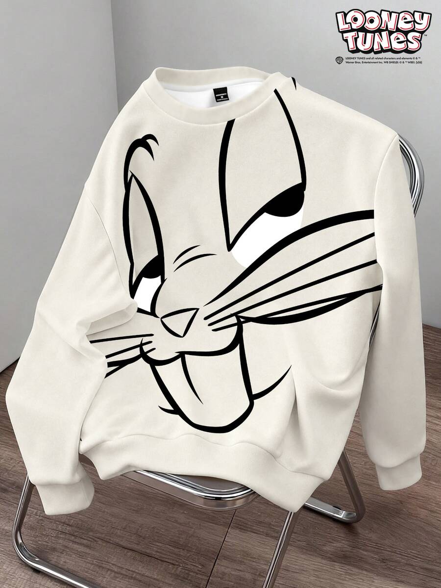 LOONEY TUNES X SHEIN Daypath 男士卡通圖案印花圓領長袖運動衫 - 杏色 - 查看 1