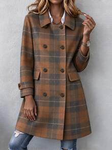 Holdful Holdful Winter Clothes Women's Brown Grey Plaid Wool Blend Coat, Notched Collar, Double Breasted Button - Multicolor - View 9