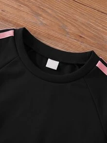 SHEIN 青少年女孩搖粒絨秋季套裝，長袖綠色，羅紋袖口、下擺與領口，側邊飾帶，蝴蝶結設計，秋冬款 - 黑色 - 查看 4